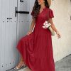 Summer Maxi Dress for Women Casual Flowy V Neck Short Sleeve A Line Empire Waist Tiered Long Dresses with Pockets