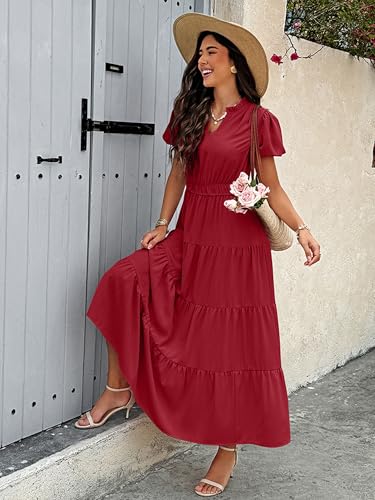 Summer Maxi Dress for Women Casual Flowy V Neck Short Sleeve A Line Empire Waist Tiered Long Dresses with Pockets