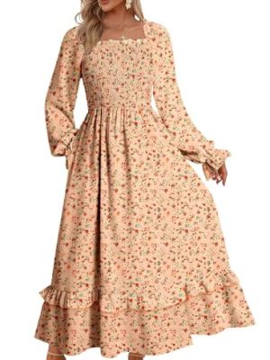 Boho Dresses for Women 2025 Casual Floral Square Neck Long Sleeve Smocked Elastic Waist Tiered Ruffle Hem Maxi Dress
