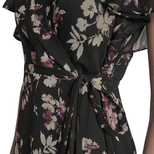 Women's Cap Sleeve Surplice Neck Side Tie Faux Wrap Midi Dress