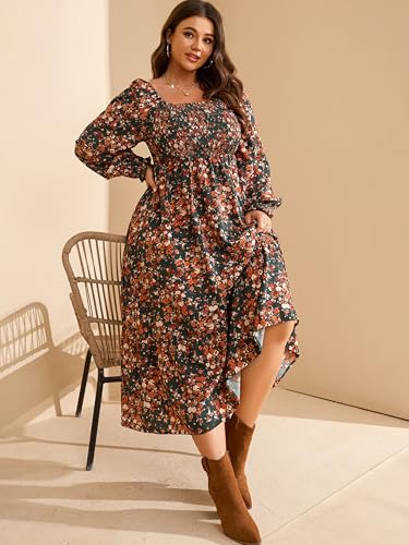 Women's Plus Size Fall Dress Long Sleeve Square Neck Floral Print Smocked A Line Boho Flowy Maxi Dresses with Pockets