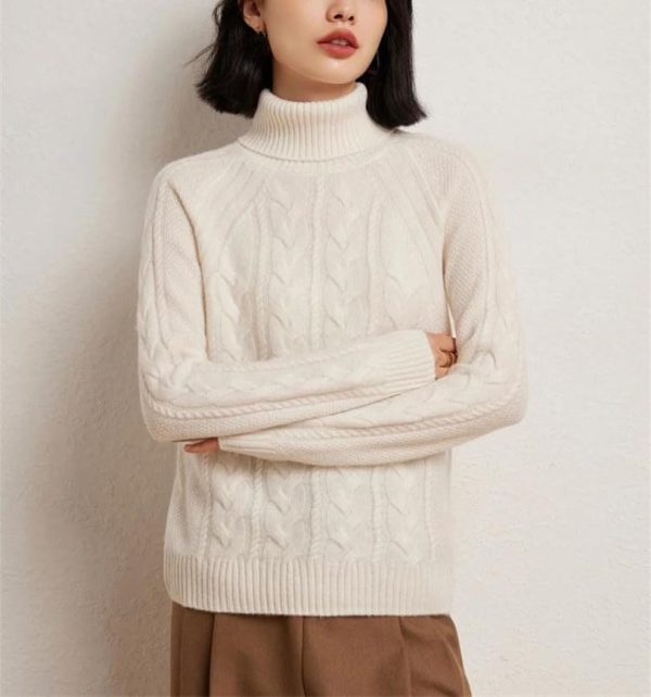 Women's Turtle Neck 100 Percent Cashmere Cable Knit Pullover Fall Winter Thick Warm Casual Style