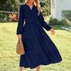 Womens Long Sleeve Fall Long Dress Swiss Dot Maxi Wedding Guset Dress Boho V Neck Casual Dress with Pockets