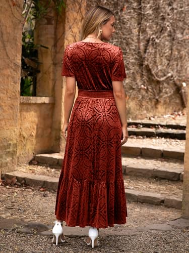 Womens Fall Velvet Dress Short Sleeve V Neck Floral Maxi Dress Long Formal Winter Wedding Guest Dresses