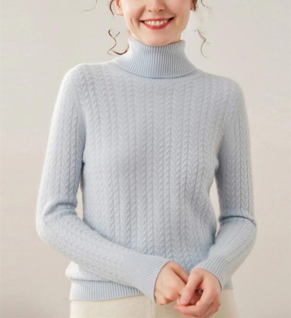 Women's High Collar 100 Percent Cashmere Cable Knit Turtleneck Sweater Fall Winter Pullover