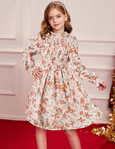 Girls' Fall Long Sleeve Dresses Kids Floral Winter Formal Dress Girl Casual Fancy Midi Clothes Size 6-14