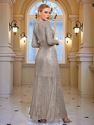Long Sleeve Sequin Dress for Women Formal Gowns Sparkly V Neck Maxi Dress
