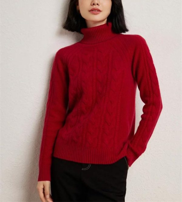 Women's Turtle Neck 100 Percent Cashmere Cable Knit Pullover Fall Winter Thick Warm Casual Style