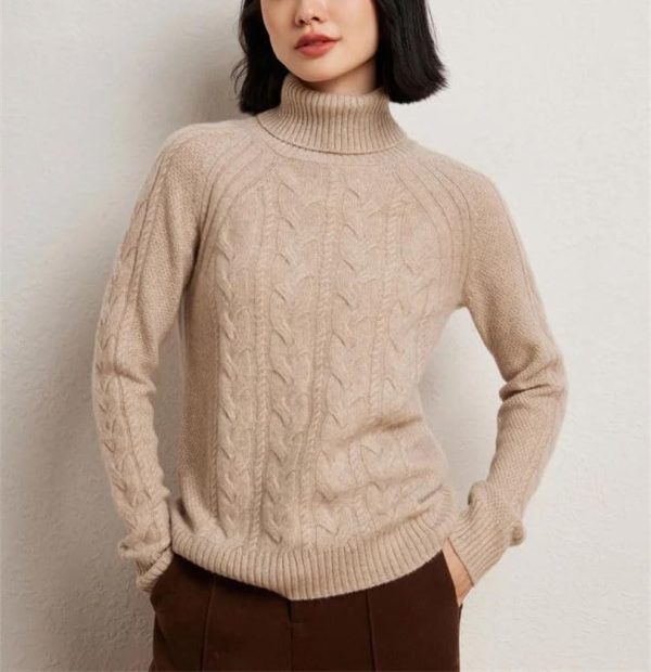 Women's Turtle Neck 100 Percent Cashmere Cable Knit Pullover Fall Winter Thick Warm Casual Style