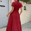 Summer Maxi Dress for Women Casual Flowy V Neck Short Sleeve A Line Empire Waist Tiered Long Dresses with Pockets