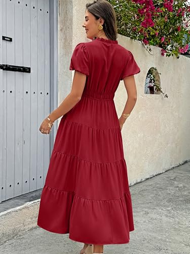 Summer Maxi Dress for Women Casual Flowy V Neck Short Sleeve A Line Empire Waist Tiered Long Dresses with Pockets