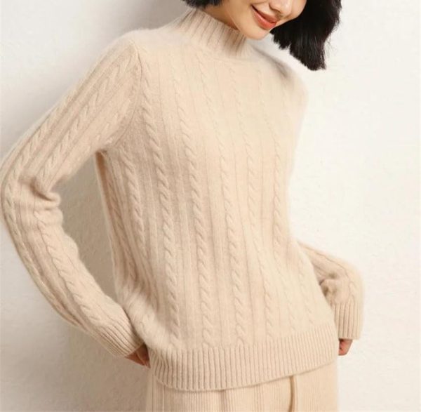 Women's Mock Neck Long Sleeve 100 Percent Cashmere Cable Knitting Pullover Fall Winter Thick Soft