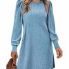 Women's Knit Dress with Puff Sleeves for Fall & Winter - Round Neck Casual Tunic Dress