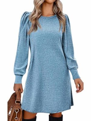 Women's Knit Dress with Puff Sleeves for Fall & Winter - Round Neck Casual Tunic Dress