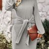 Women's Casual Knit Dress Long Lantern Sleeve Fall Bodycon Dress Crewneck Tie Waist Rib Knitted Sweater Dresses
