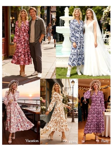 Women Floral Maxi Dress,2025 Fall Long Sleeve Casual Dresses,V Neck Boho Flowy Elegant Dress with Pockets