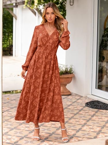Womens Boho Floral Long Sleeve Maxi Dress V Neck Empire Waist Fall Wedding Guest Dresses with Pockets