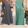 2 Pack Women's Long Sleeve Sweater Dress Ribbed Pleated Casual Round Neck Knee Length Dress with Pocket