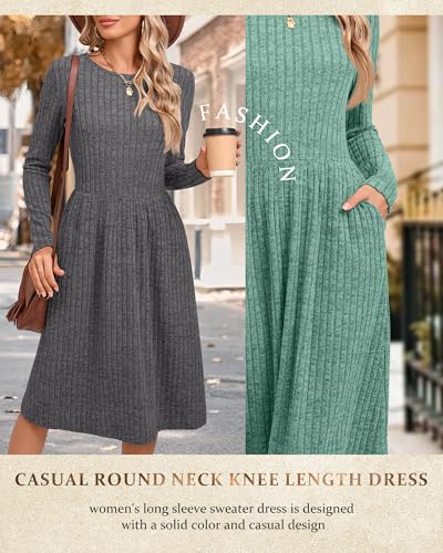 2 Pack Women's Long Sleeve Sweater Dress Ribbed Pleated Casual Round Neck Knee Length Dress with Pocket