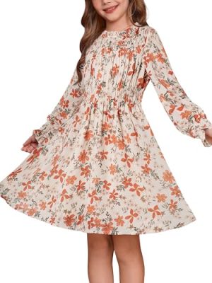 Girls' Fall Long Sleeve Dresses Kids Floral Winter Formal Dress Girl Casual Fancy Midi Clothes Size 6-14