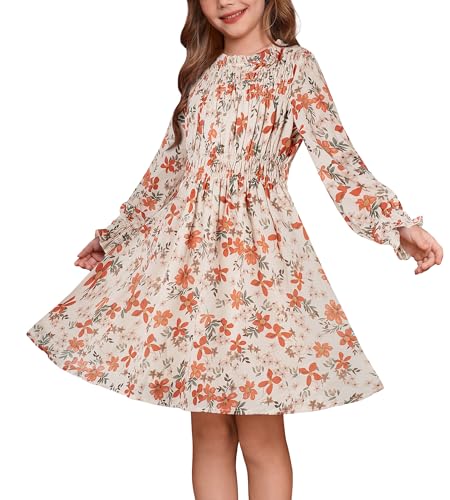 Girls' Fall Long Sleeve Dresses Kids Floral Winter Formal Dress Girl Casual Fancy Midi Clothes Size 6-14