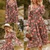 Women Floral Maxi Dress,2025 Fall Long Sleeve Casual Dresses,V Neck Boho Flowy Elegant Dress with Pockets