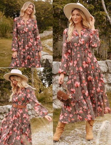 Women Floral Maxi Dress,2025 Fall Long Sleeve Casual Dresses,V Neck Boho Flowy Elegant Dress with Pockets