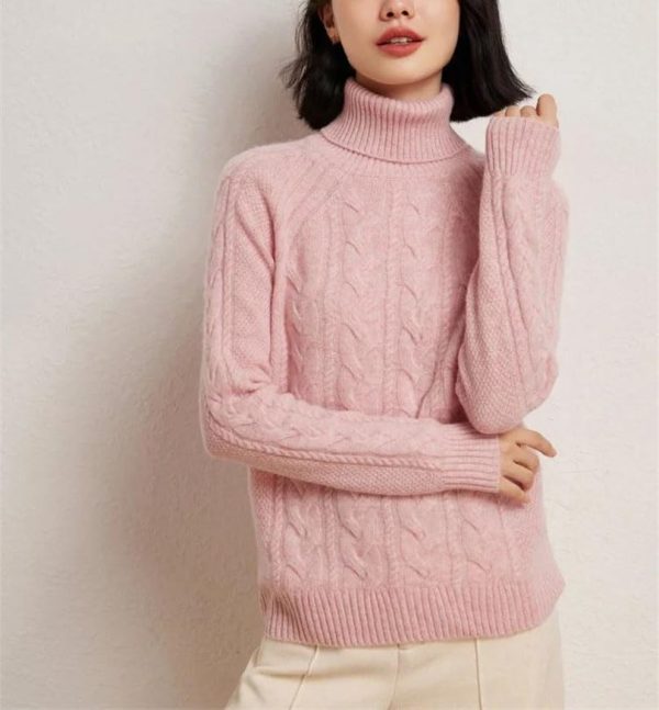 Women's Turtle Neck 100 Percent Cashmere Cable Knit Pullover Fall Winter Thick Warm Casual Style
