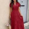 Summer Maxi Dress for Women Casual Flowy V Neck Short Sleeve A Line Empire Waist Tiered Long Dresses with Pockets