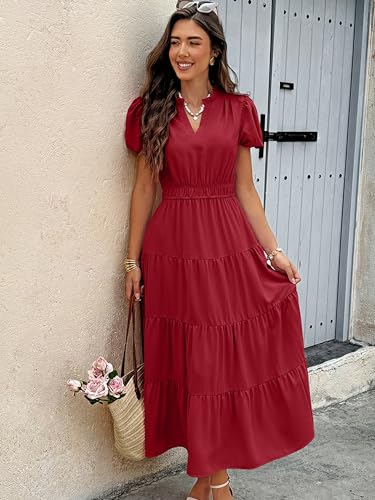 Summer Maxi Dress for Women Casual Flowy V Neck Short Sleeve A Line Empire Waist Tiered Long Dresses with Pockets