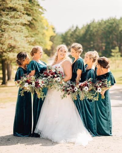 Flutter Sleeve Velvet Bridesmaids Dresses V Neck Women Wedding Long Bridesmaid Dresses for Fall