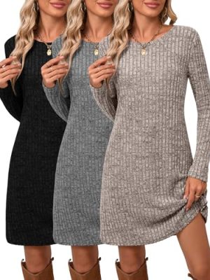 3 Pack Women's Long Sleeve Sweater Tunic Dresses - Loose Fitting Knit Crew Neck for Casual Fall Winter