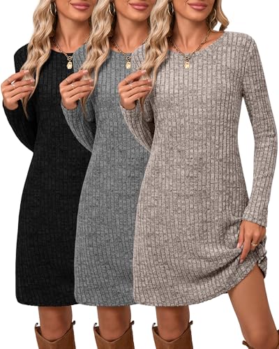 3 Pack Women's Long Sleeve Sweater Tunic Dresses - Loose Fitting Knit Crew Neck for Casual Fall Winter
