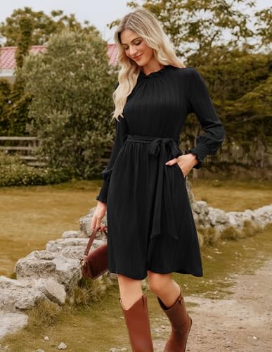 Fall Dresses for Women 2025 Casual Long Sleeve Crew Neck Ribbed Belted Dresses with Pocket