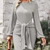 Women's Casual Knit Dress Long Lantern Sleeve Fall Bodycon Dress Crewneck Tie Waist Rib Knitted Sweater Dresses