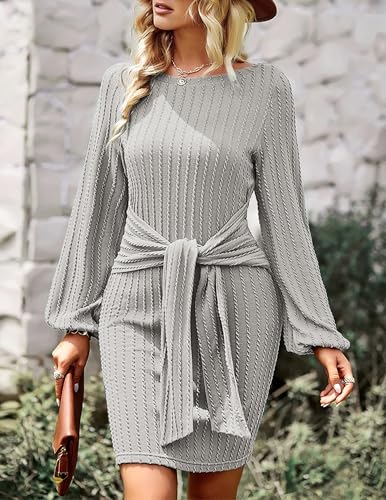 Women's Casual Knit Dress Long Lantern Sleeve Fall Bodycon Dress Crewneck Tie Waist Rib Knitted Sweater Dresses