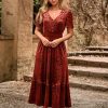 Womens Fall Velvet Dress Short Sleeve V Neck Floral Maxi Dress Long Formal Winter Wedding Guest Dresses