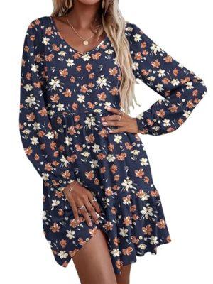 Womens Casual A Line Dress V Neck Tiered Long Sleeve Fit Swing Dress with Pockets Loose Ruffled Dresses
