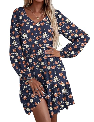 Womens Casual A Line Dress V Neck Tiered Long Sleeve Fit Swing Dress with Pockets Loose Ruffled Dresses