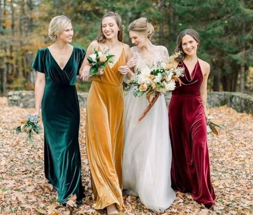 Flutter Sleeve Velvet Bridesmaids Dresses V Neck Women Wedding Long Bridesmaid Dresses for Fall