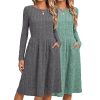 2 Pack Women's Long Sleeve Sweater Dress Ribbed Pleated Casual Round Neck Knee Length Dress with Pocket