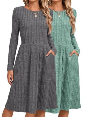 2 Pack Women's Long Sleeve Sweater Dress Ribbed Pleated Casual Round Neck Knee Length Dress with Pocket