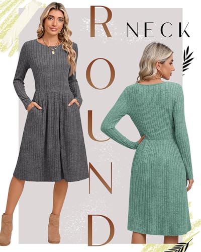 2 Pack Women's Long Sleeve Sweater Dress Ribbed Pleated Casual Round Neck Knee Length Dress with Pocket