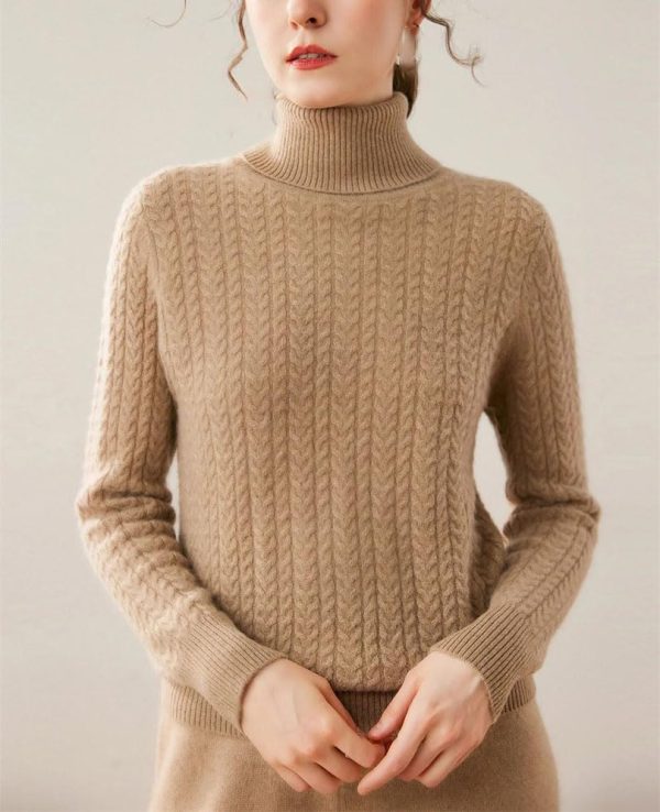 Women's High Collar 100 Percent Cashmere Cable Knit Turtleneck Sweater Fall Winter Pullover