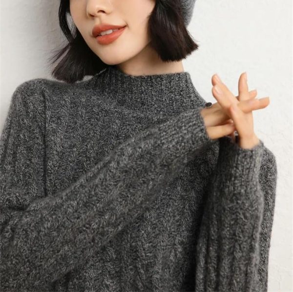 Women's Mock Neck Long Sleeve 100 Percent Cashmere Cable Knitting Pullover Fall Winter Thick Soft