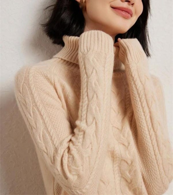 Women's Turtle Neck 100 Percent Cashmere Cable Knit Pullover Fall Winter Thick Warm Casual Style