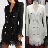Women's Tassel Shift Dress – V-Neck Metallic Button, Black White Event Gown