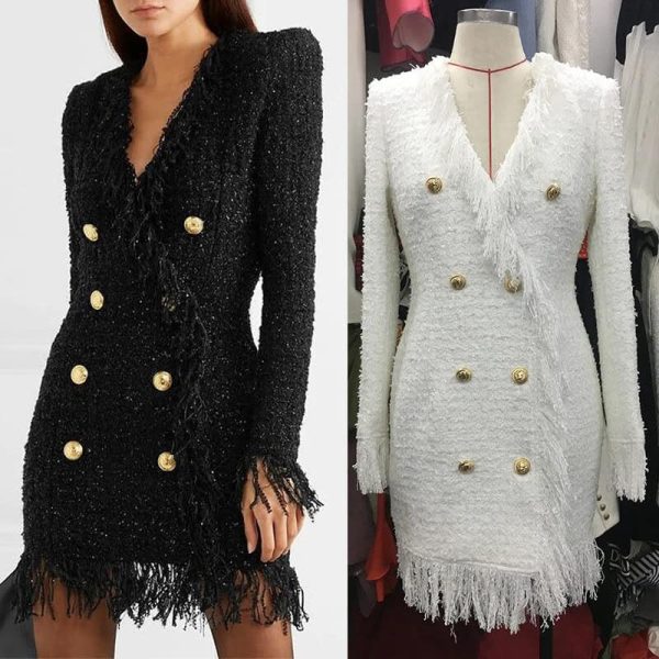 Women's Tassel Shift Dress – V-Neck Metallic Button, Black White Event Gown