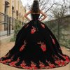 Pearls Strapless Velvet Quinceanera Dresses Winter Fall Floral Red Flower Appliques A-line Sweet 15 Dress 2025